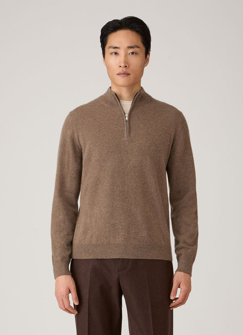 Men's Cashmere Half Zip Jumper in Taupe