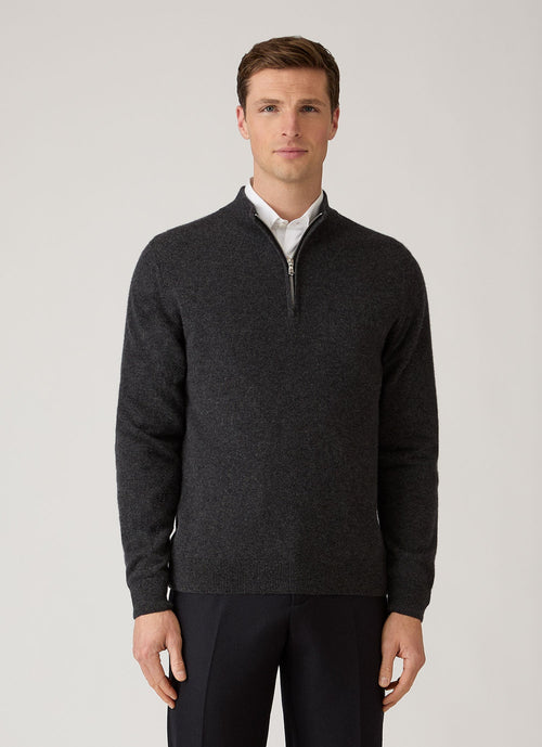 Men's Cashmere Half Zip Jumper in Charcoal Melange