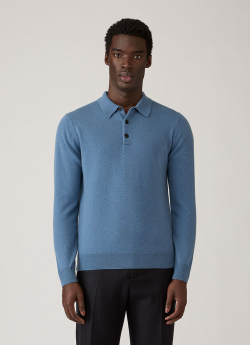 Men's Cashmere Knitted Polo Shirt in Powder Blue