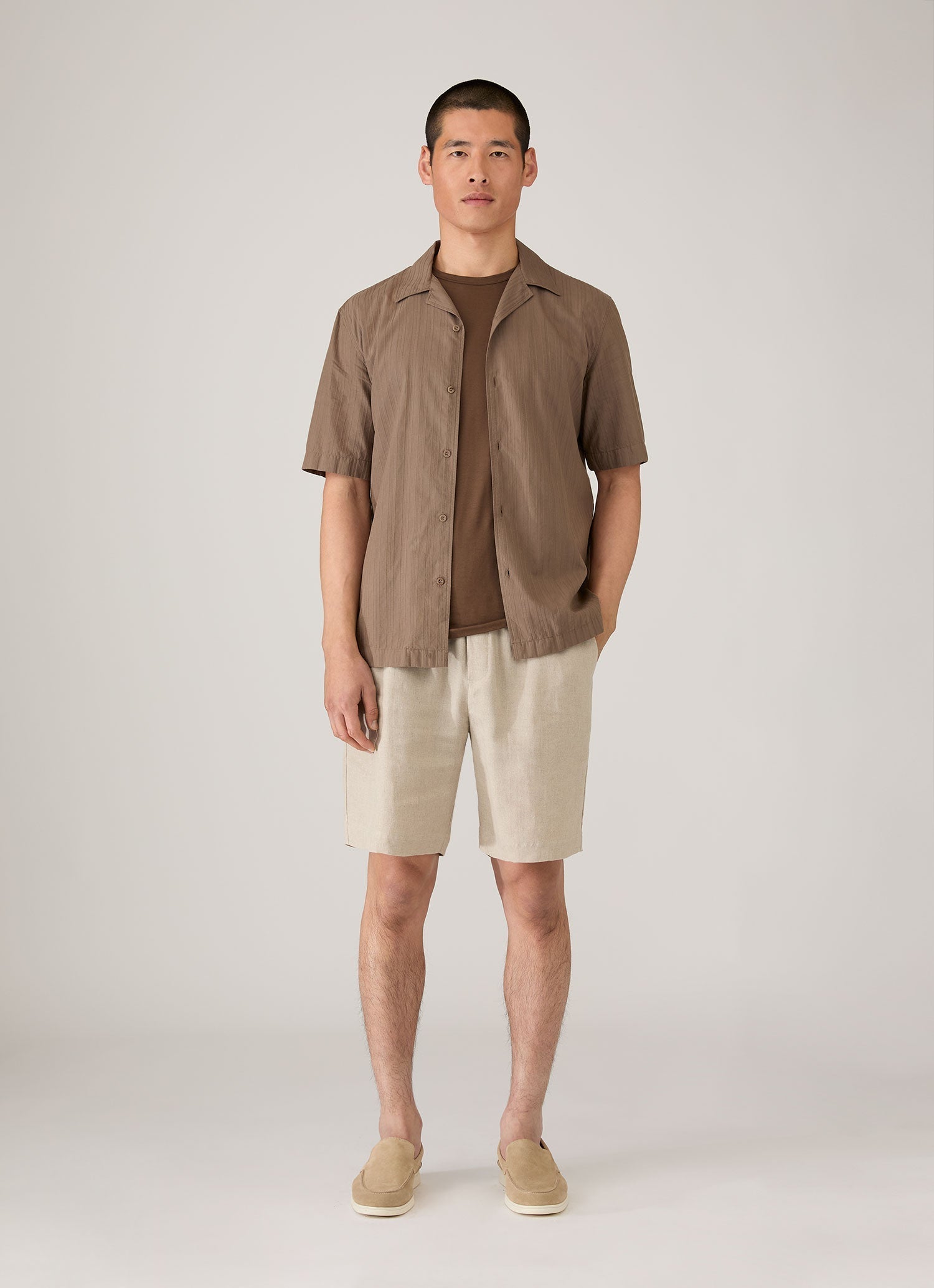 Men's Textured Stripe Camp Collar Shirt in Dark Cedar